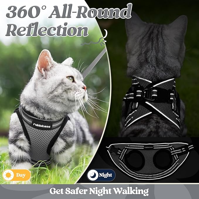 rabbitgoo Cat Harness and Leash Set for Walking Escape Proof, Adjustable Soft Kittens Vest with Reflective Strip for Cats, Comfortable Outdoor Vest, Grey, L