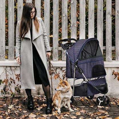 MoNiBloom 3 Wheels Pet Dog Cat Stroller for Small Medium Dogs Cats, Lightweight Foldable Jogger Stroller w/Storage Basket and Cup Holder, Plaid