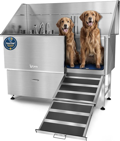 KANIS Professional Dog Washing Station - 304 Stainless Steel Pet Wash Sink & Grooming Bathtub w/Shower, Floor Grates and Storage for Large, Medium & Small Pets (61", 1 Drawer - Right Ramp)