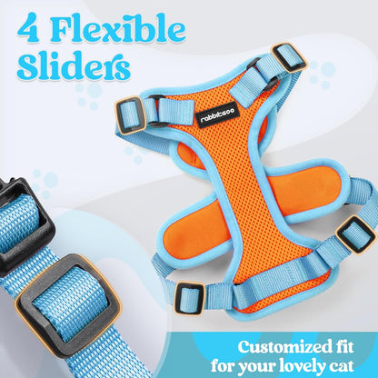 rabbitgoo Cat Harness and Leash Set, Escape Proof Soft Adjustable Vest Harnesses for Outdoor Walking, Easy Control Breathable Kitten Jacket with Reflective Strips, Orange & Light Blue, S