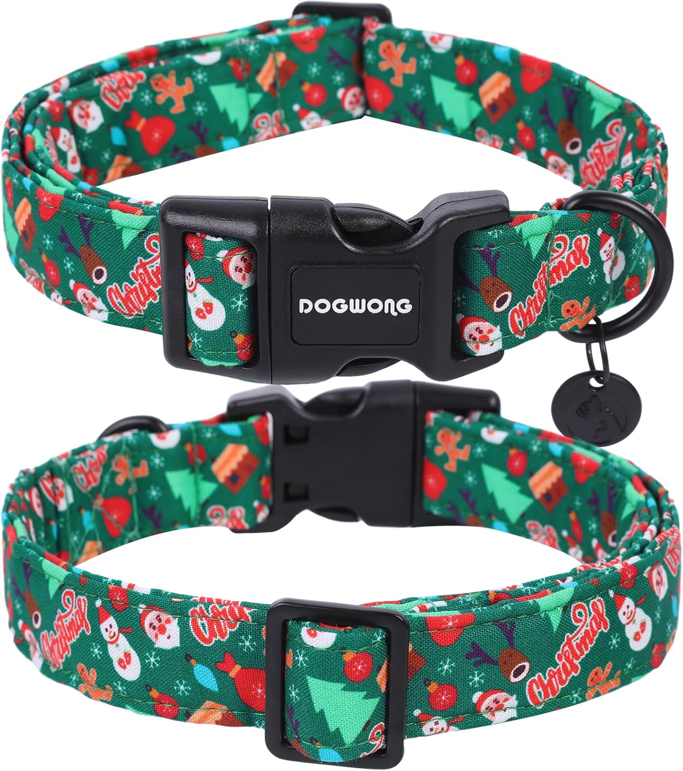 DOGWONG Christmas Cotton Dog Collar, Green Santa Christmas Dog Collar Durable Soft Fabric Pet Dog Collars Cute Puppy Necklace for Small Medium Large Dogs