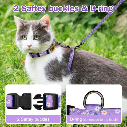 Hikiko Cat Harness and Leash Set Escape Proof Adjustable Walking Travel Cute Girl Kitten Harness for Small Medium Large Cats (Purple Floral, S)
