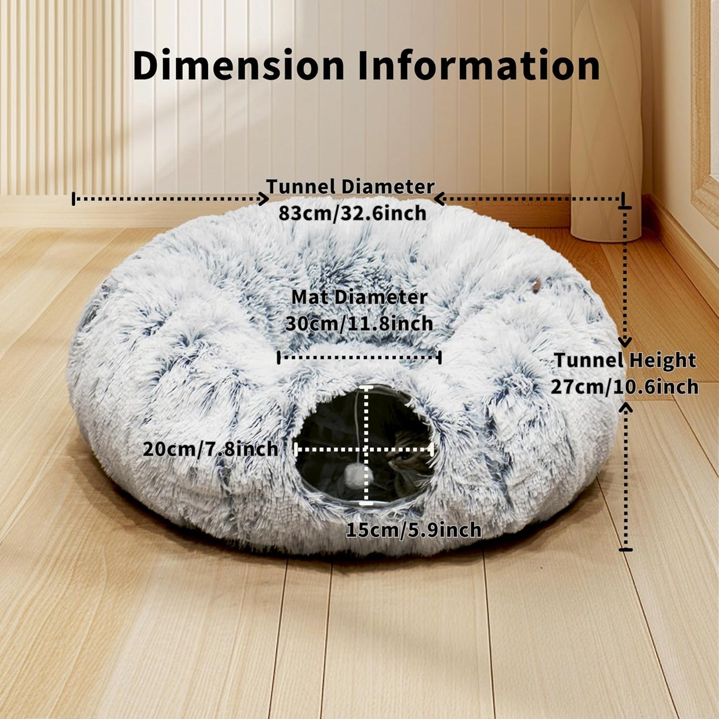 Cat Tunnel Bed for Indoor Cats with Washable Cushion Cat Cave Donut Tunnel with Fluffy Ball Big Round Tube Pet Playground Toys Soft Plush Peekaboo for Kitten, Cat, Puppy, Rabbit, Ferret