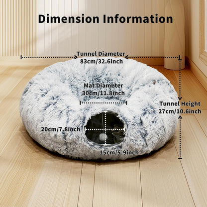 Cat Tunnel Bed for Indoor Cats with Washable Cushion Cat Cave Donut Tunnel with Fluffy Ball Big Round Tube Pet Playground Toys Soft Plush Peekaboo for Kitten, Cat, Puppy, Rabbit, Ferret