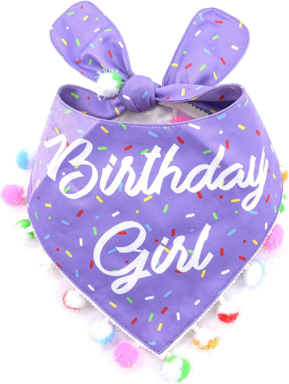 LunaMarie - Luxury Pet Birthday Bandanas -Premium & Silky Poly Fabric | 100% Handmade | Custom Shape Dual Layered (Birthday Girl Purple, Medium)