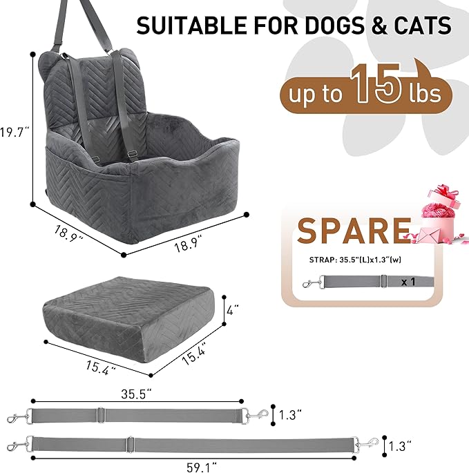 Dog Car Seat Booster with Waterproof Cover, Memory Foam, Small/Medium Dog Bed for Car Back Seat for Travel, 2 Safety Belt