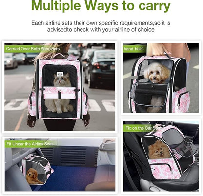 Lekebobor Large Cat Backpack Carrier Expandable Pet Carrier Backpack for Small Dogs Medium Cats Fit Up to 18 Lbs,Dogs Foldable Puppy Backpack Carrier for Travel, Hiking,Pink Flowers Pattern