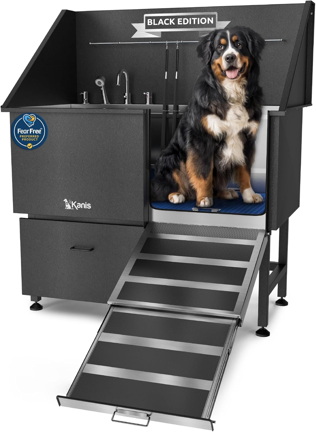 KANIS Black Line Professional Dog Washing Station - 304 Stainless Steel Pet Wash Sink & Grooming Bathtub w/Shower, Floor Grates and Storage for Large, Medium & Small Pets (50", 1 Drawer - Right Ramp)