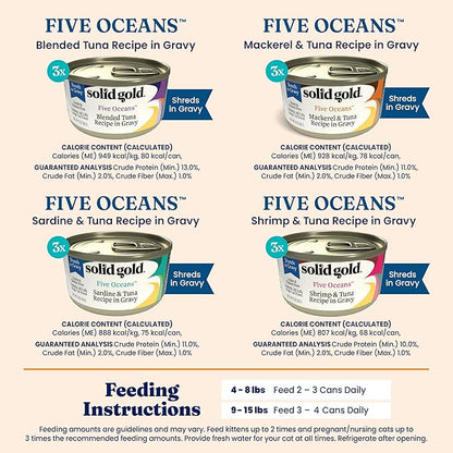 Solid Gold Wet Cat Food Variety Pack Shreds in Gravy - Healthy Canned Cat Food Made w/Real Tuna & Fish Protein & Vitamins - Grain Free & Gluten Free Canned Meals for Cats & Kittens - 12ct/3oz Can