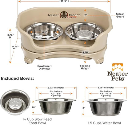 Neater Feeder Express Mess Proof Dog Bowls Elevated for Small Breed – Made in USA – No Spill Raised Slow Feeder Elevated Dog Bowl Stand, Stainless Steel Food and Water Bowl Set, Almond