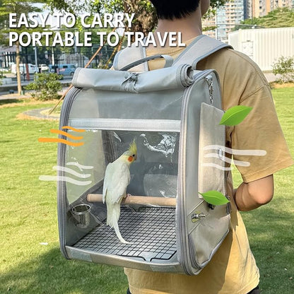 Bird Carrier Backpack, Portable Travel Bird Cage with Standing Perch, 2 Feeder Cups, Iron Mesh Stand & Removable Tray Lightweight, Breathable Mesh Window for Parrot Carrier，Easy Clean (Cream)