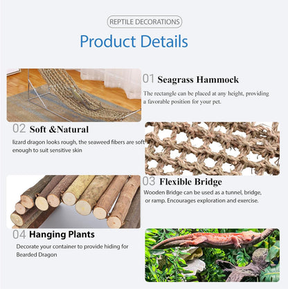 HERCOCCI Bearded Dragon Tank Accessories, Reptile Bridge Hammock Plants Jungle Climbing Vines Terrarium Decor for Bearded Dragon Snake Gecko Lizard