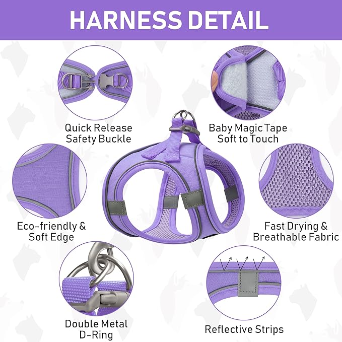 GAMUDA Small Pet Harness Collar and Leash Set, Step in No Chock No Pull Linen Fabric Soft Mesh Dog Vest Harnesses Reflective for Dogs Puppy Cats Kitten Rabbit (Purple, L)