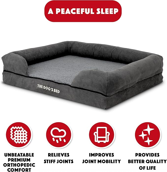 The Dog’s Bed, Medium Grey Plush Memory Foam, Pain Relief: Arthritis, Hip & Elbow Dysplasia, Post Surgery, Lameness, Supportive, Calming, Washable Cover