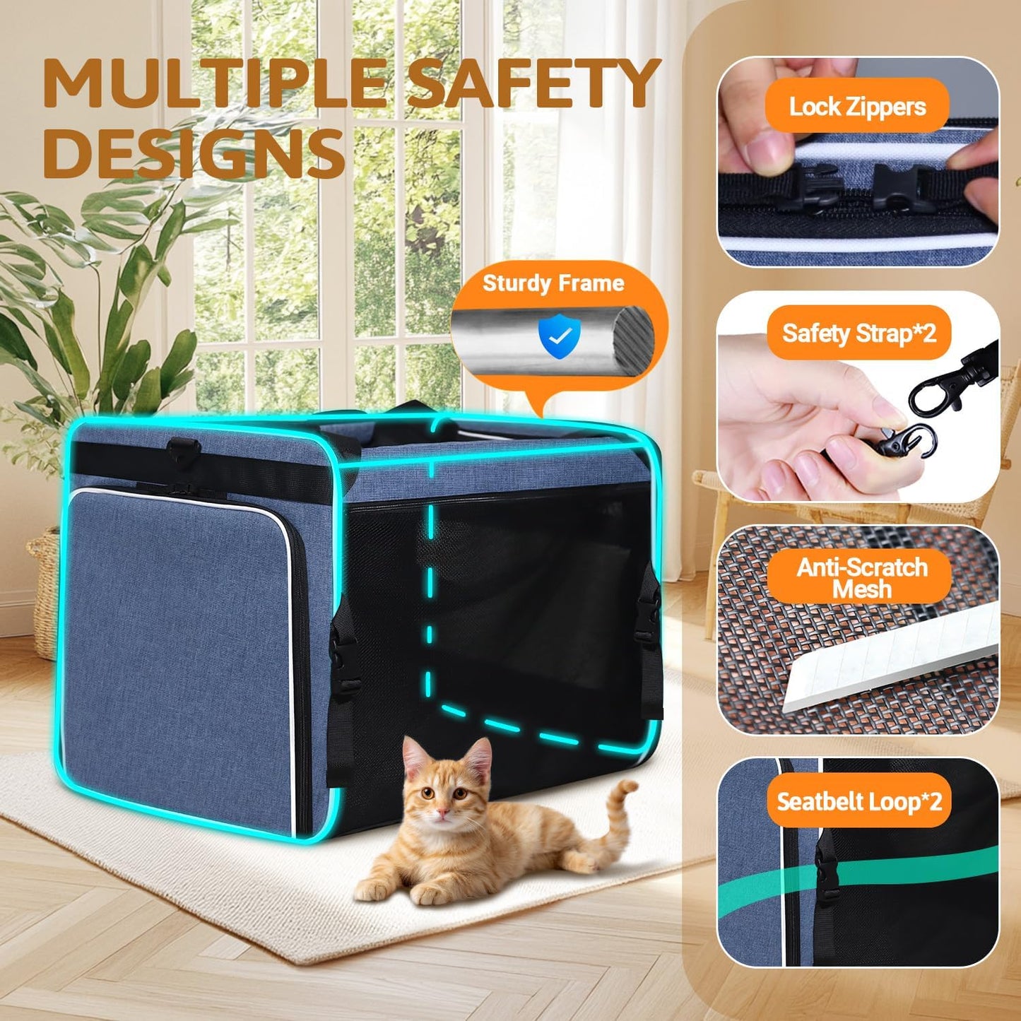 Petskd Side Expandable Extra Large Cat Carrier with Litter Box Area for Long Distance Car Travel,24"x17"x17" Collapsible Soft-Sided Large Pet Carrier with Zipper Locks for 2 Cats Under 55LBS(Blue)
