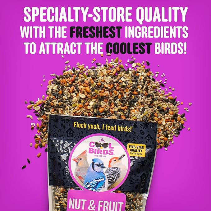 Nut & Fruit Wild Bird Seed – 10 lb. Gourmet Bird Food with Sunflower Hearts, Peanuts, Tree Nuts & Real Fruit – No Corn, Milo or Millet Bird Seed for Outside Feeders