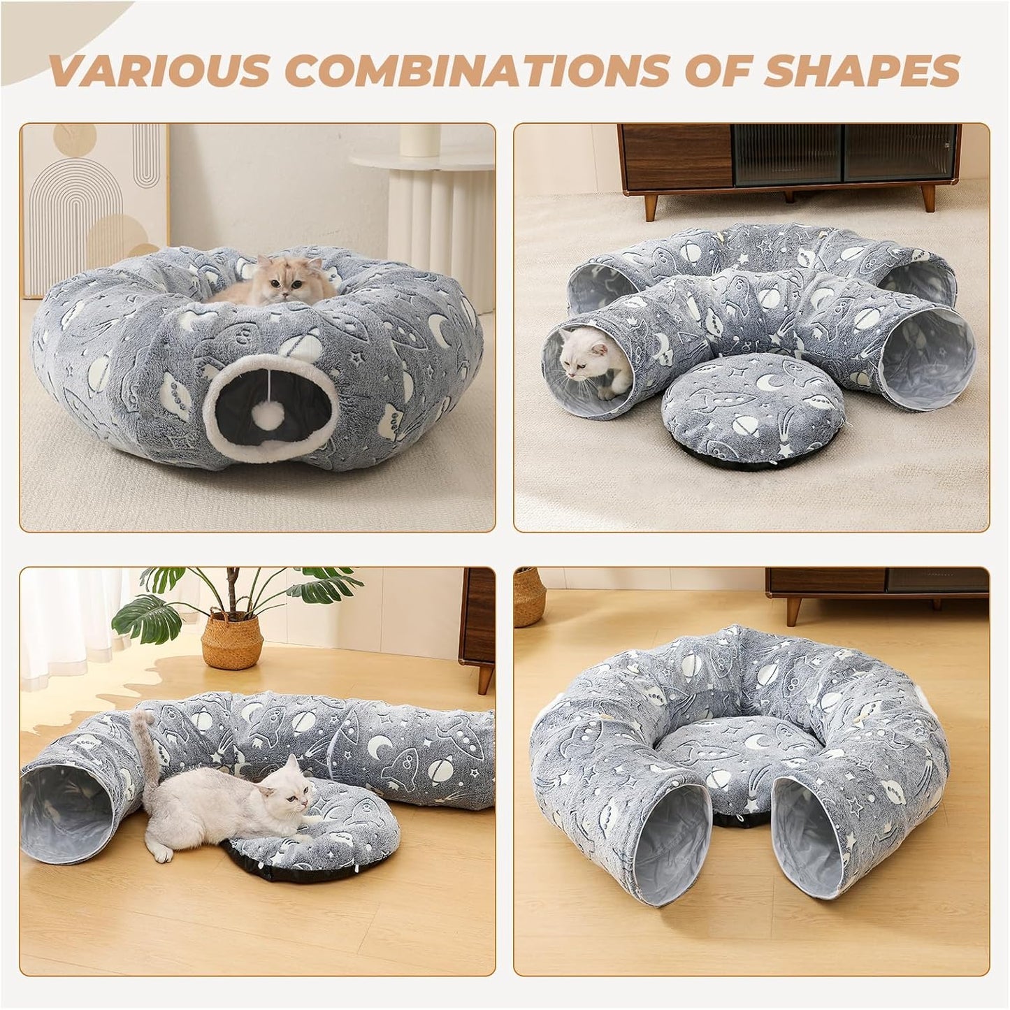 Large Cat Tunnels Bed Tube for Indoor Cats Glows in The Dark Cat Tunnel with Cushion and Plush Ball Toy Longer Playground Toys for Dog Puppy Kitten Rabbit Bunnies Ferret Pet Gray