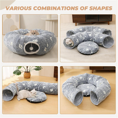 Large Cat Tunnels Bed Tube for Indoor Cats Glows in The Dark Cat Tunnel with Cushion and Plush Ball Toy Longer Playground Toys for Dog Puppy Kitten Rabbit Bunnies Ferret Pet Gray