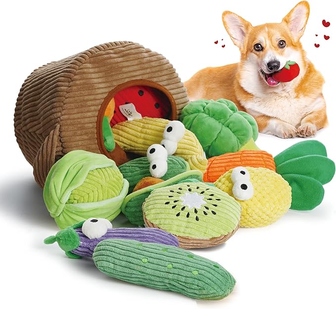 Nocciola Small Squeaky Crinkle Dog Toys- 15 Packs Grocery Basket Fruits Veggies Puppy Toys to Keep Busy, Cute Durable Plush Stuffed Hide Seek Cognitive Boredom Pet Supplies, Dog Birthday Gifts