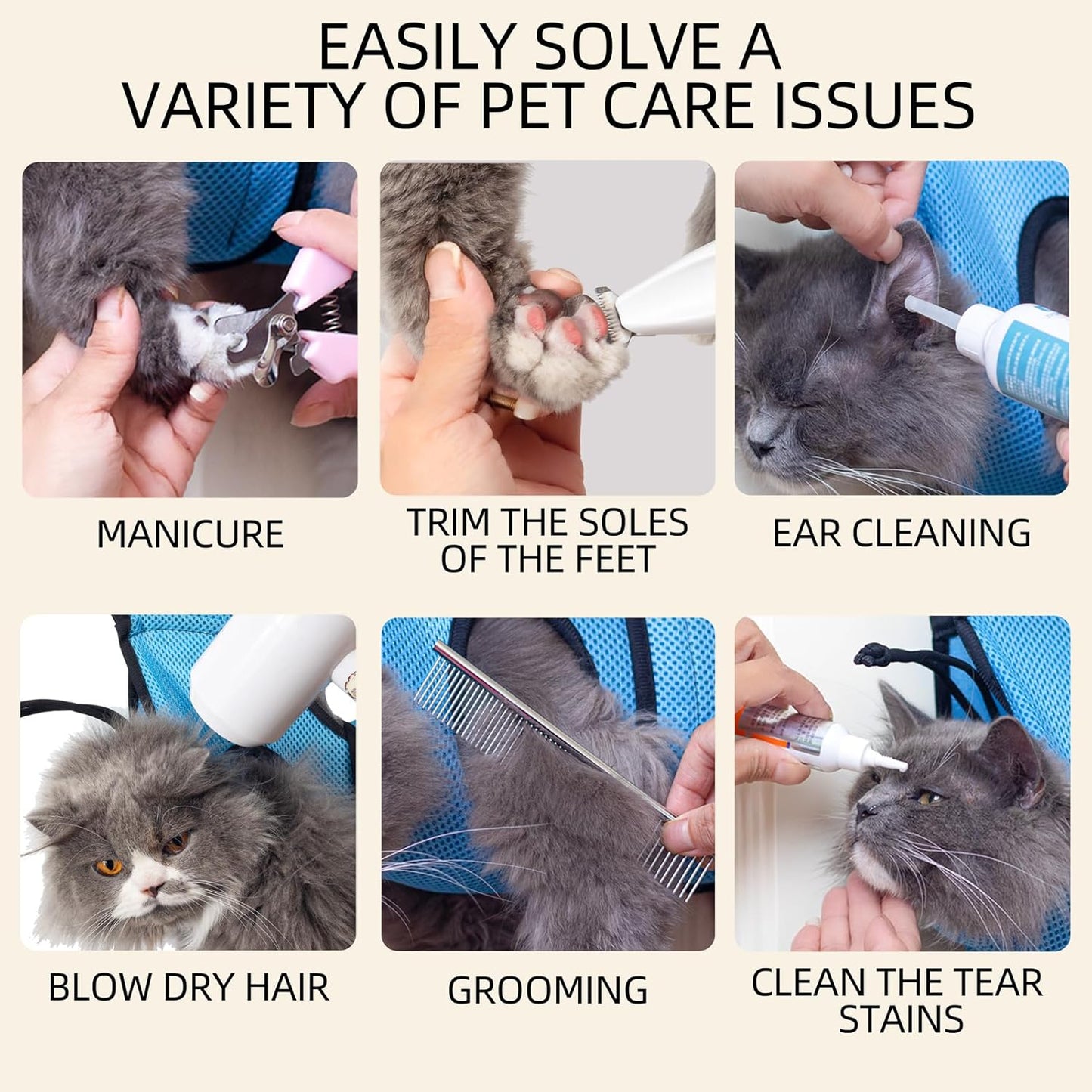 Pet Grooming Hammock for 6-11 lbs Pets - Adjustable Height, Tool Bag, 30 lb Capacity, Door-Hook Hanging, Foldable, Blue