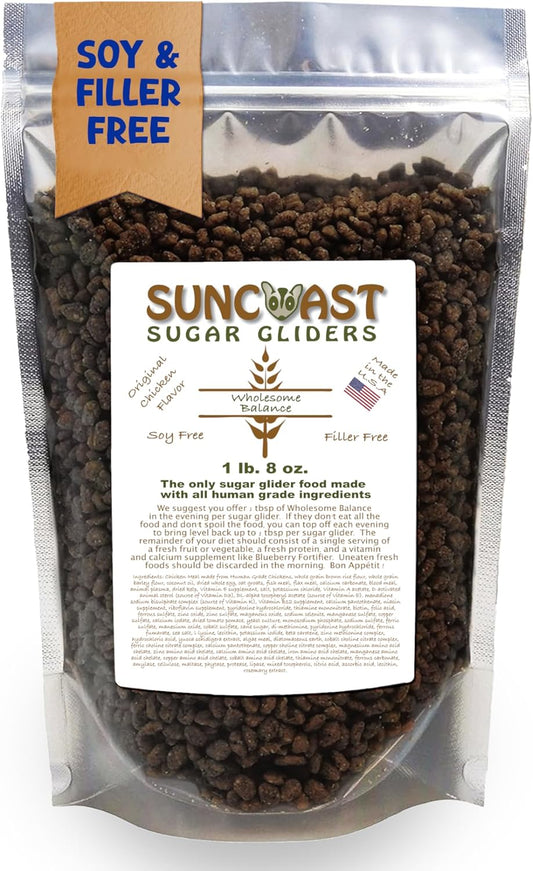 Suncoast Sugar Gliders Wholesome Balance Food - Complete Nutrition with High Animal Protein, Calcium, Vitamins & Minerals, Premium Dense Food for Sugar Gliders & Small Animals - Chicken & Rice, 1.5lbs