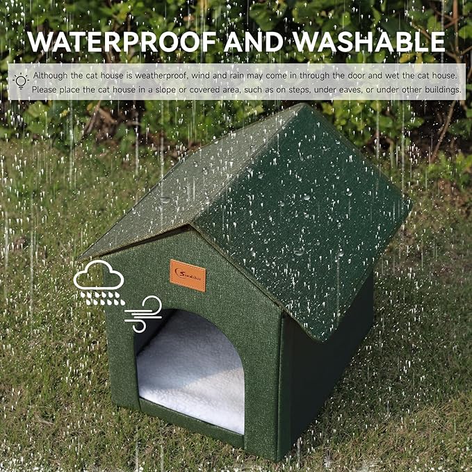 Outdoor Cat House Feral Cat Shelter,Outside Waterproof Cat House for Outdoor/Indoor Cats, Insulated Cat Bed for All Seasons with Cozy Cushion Easy to Assemble, Olive Green, 2 Pack