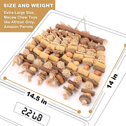 Extra Large Bird Macaw Chew Toys for Pets - Natural Wood - Heavy Duty Foraging and Destructive Play for Large Parrots - Bird Cage Accessories - for Macaw, Cockatoo, African Grey, Amazon Parrots