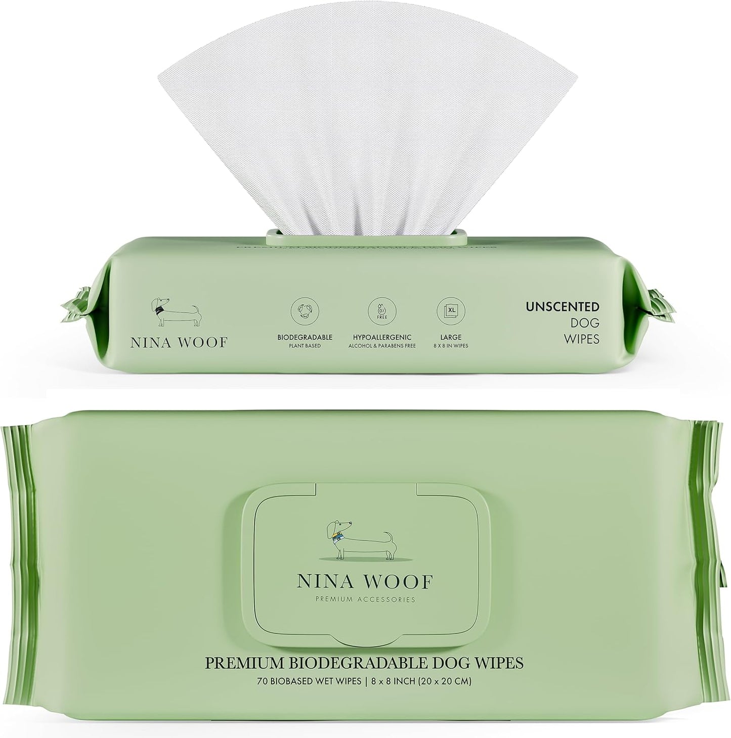 Nina Woof Dog Wipes – Fragrance-Free, Alcohol-Free, Hypoallergenic Pet Grooming Wipes with Aloe Vera, Biodegradable, for Dogs & Cats: Paws, Face, Ears & Butt – (70 Count)