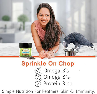UnRuffledRx™ OmegaGlow for Birds – Supports Feather Growth & Helps Reduce Plucking | Skin & Immune Health with Chia, Flax & Hemp Hearts | 2 oz Shaker Jar
