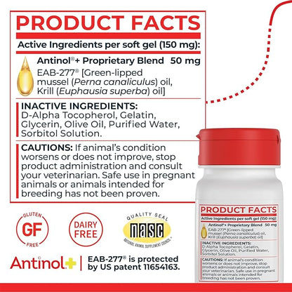 Antinol Plus, Mobility, Hip, and Joint Supplement for Dogs, Green-Lipped Mussels and Krill Oil - Dog Joint Supplement, Better and Faster Than Glucosamine and Chondroitin, 90 Soft Gels