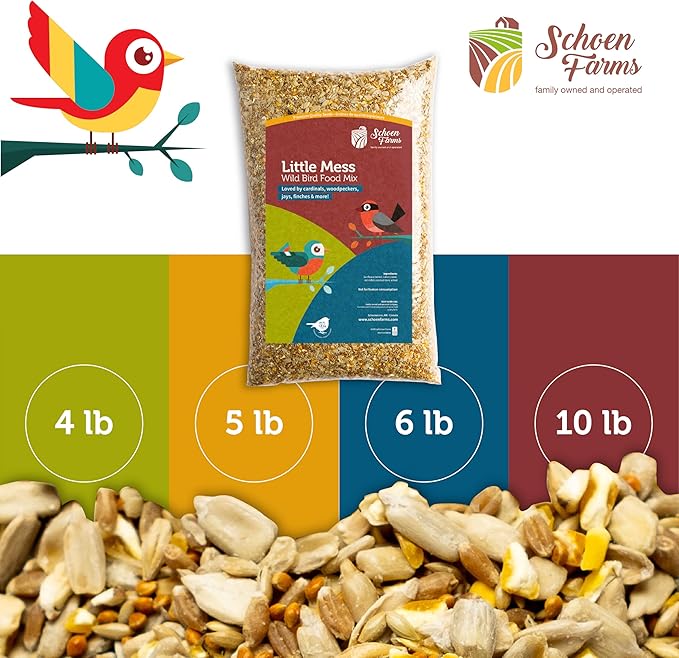 Schoen Farms Little Mess Wild Bird Food Mix – 10 lb Bag – No-Waste Seed Blend with Sunflower Hearts & Millet – Clean Backyard Feed for Finches, Jays & Cardinals