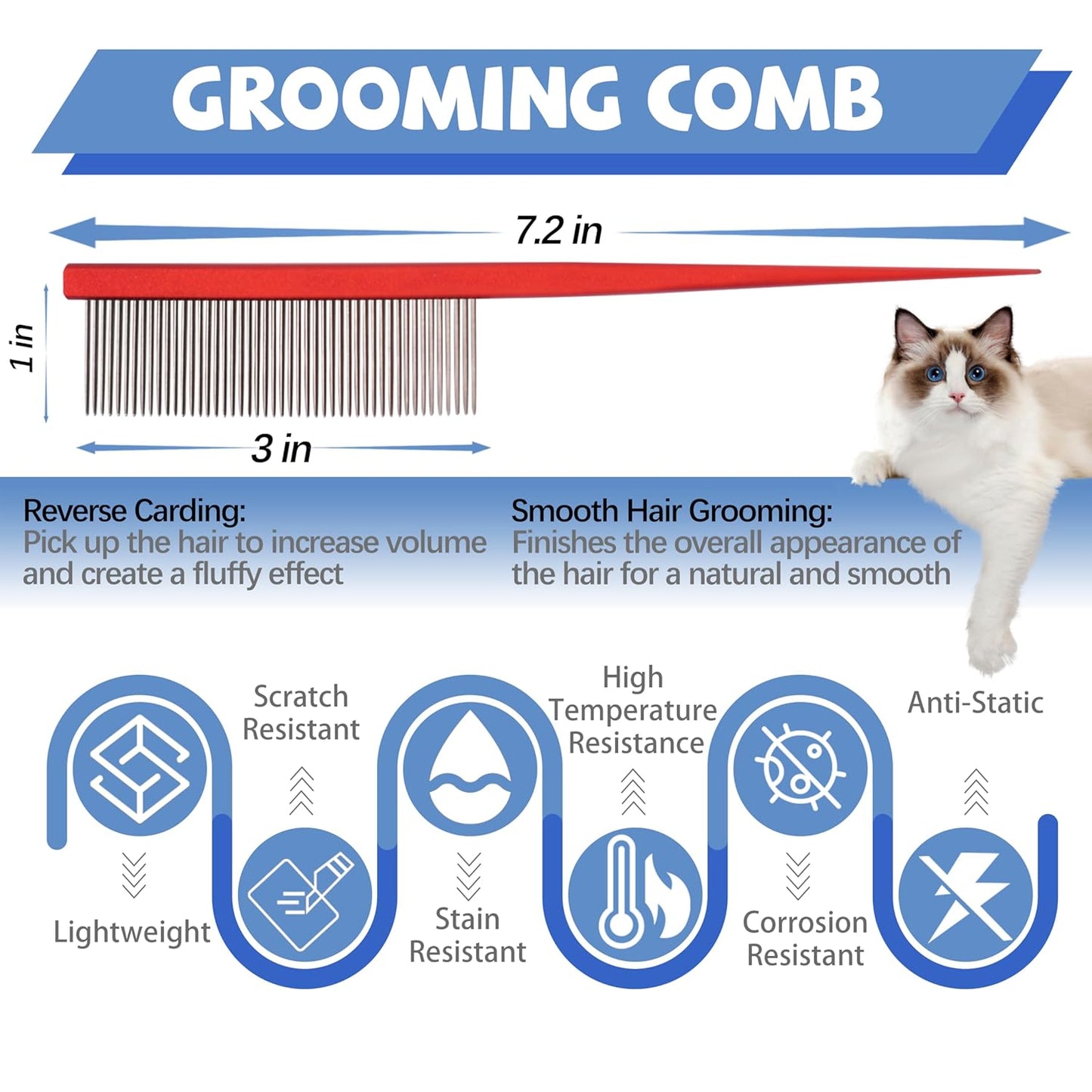 Grooming Pet Comb Rat Tail Dematting Cat and Dog Comb，Rounded Ends Design for Safe Tangle Removal, Hairstyling, Massage，Loose Hair Removal，Prevent Irritation，Fluffing Paws,Face,Tail,Remove Tear Stain