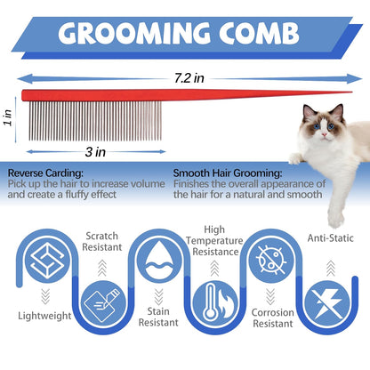 Grooming Pet Comb Rat Tail Dematting Cat and Dog Comb，Rounded Ends Design for Safe Tangle Removal, Hairstyling, Massage，Loose Hair Removal，Prevent Irritation，Fluffing Paws,Face,Tail,Remove Tear Stain