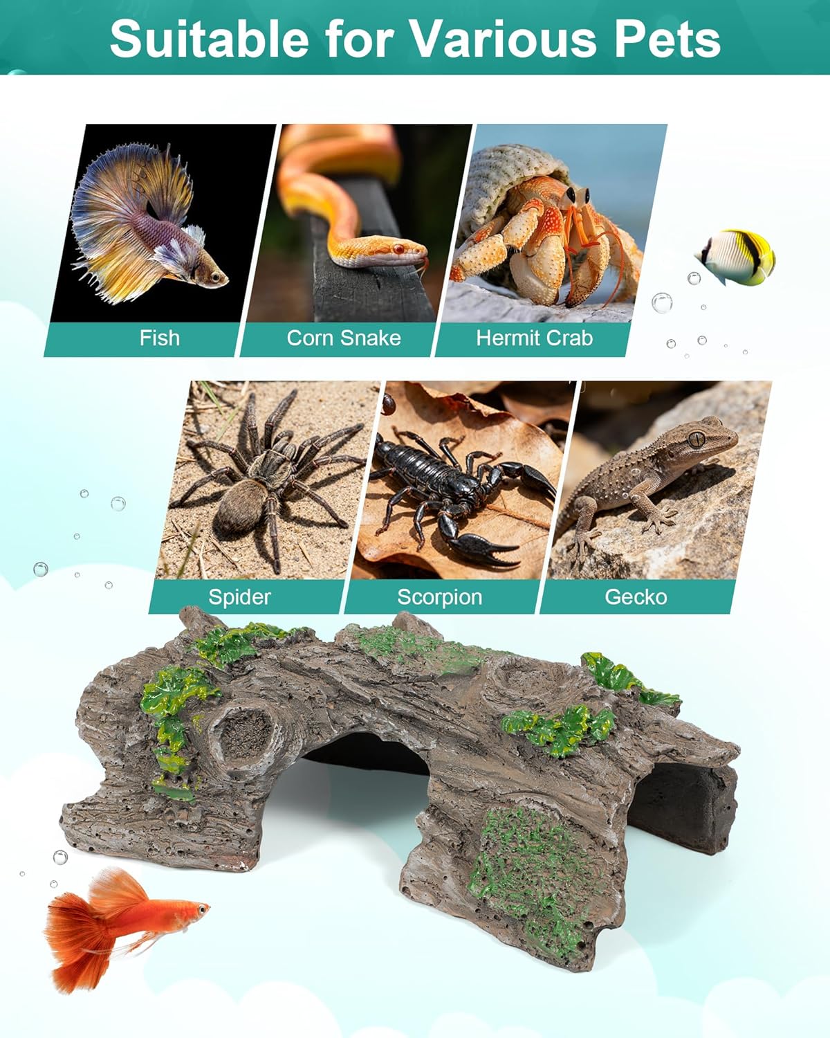 TRUVIC Fish Tank Decorations - Aquarium Cave Decor, Resin Hollow Tree Trunk Reptile Hide & Betta Log Hideout for 20 Gallon Tank, Fish Accessories Shelter Cave