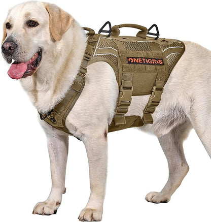 OneTigris Tactical Dog Harness for Medium Large Dogs, Adjustable Tactical Dog Harness with Handles, Reflective Vest Heavy Duty & Breathable Military Assistance Vest with No Pull Buckle, Brown
