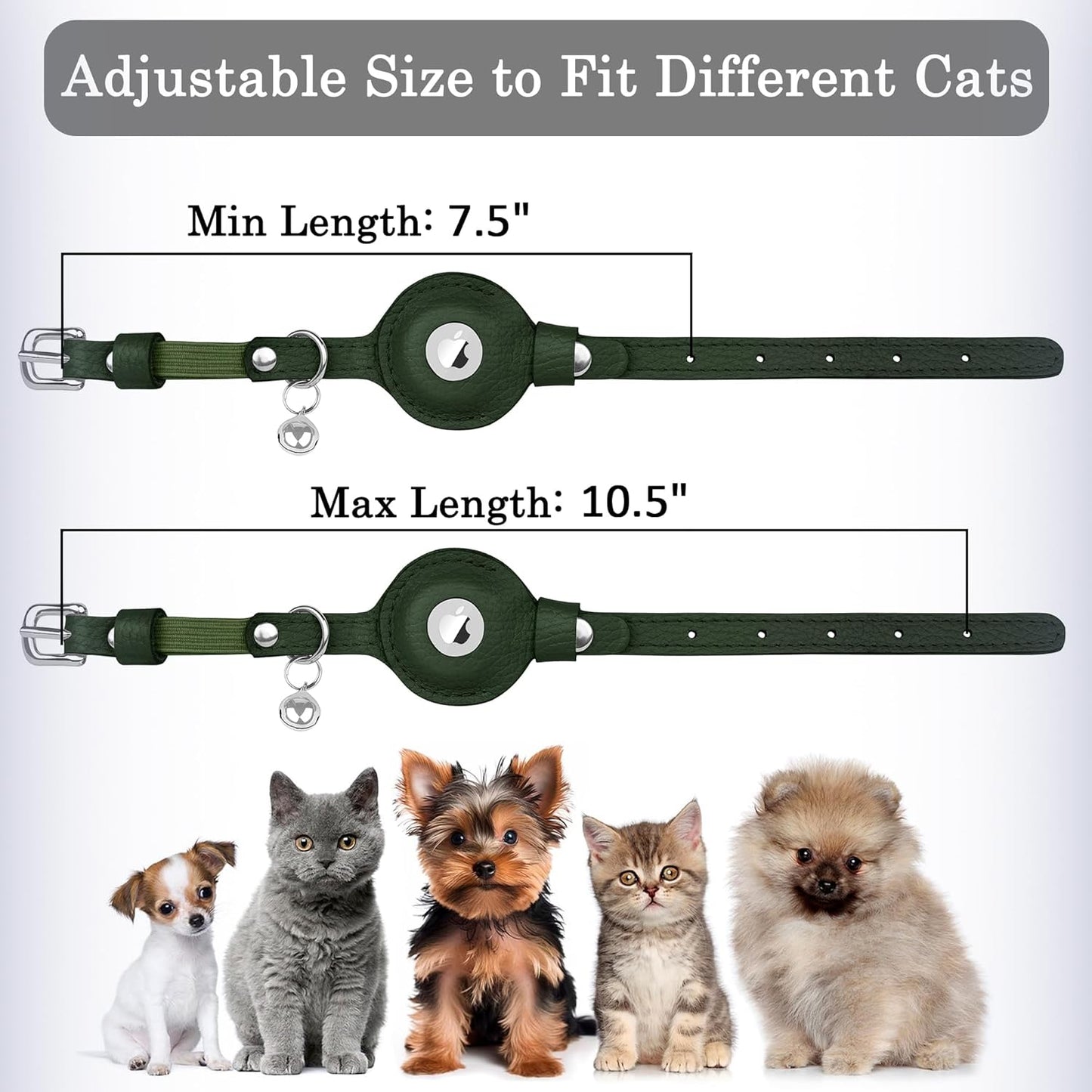 OOPSDOGGY Cat Collar for AirTag Holder, Leather Kitten Collars with Elastic Strap & Bell, Non Breakaway Adjustable Small Pet Collars for Indoor & Outdoor for Boy, Girl (Green)