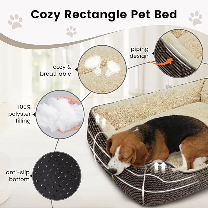 Miguel Dog Bed with Removable Cushion/Pillow for Medium Small Dogs, Washable Pet Bed with Side Easy to Wash Puppy Bed, Large Rectangle Cat Bed for Indoor Cat with Anti-Slip Bottom, Brown 30 Inch
