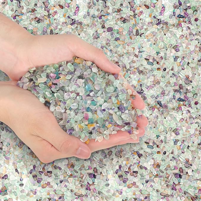 T4U Crystal Chips Stone Crushed Quartz Glass 1LB - Fluorite Tumbled Gravel Small Decorative Pebbles Bulk, Mini Polished Rocks Pieces for Crafts, Vases Filler, Succulent Plants, Aquarium Gravel Rocks