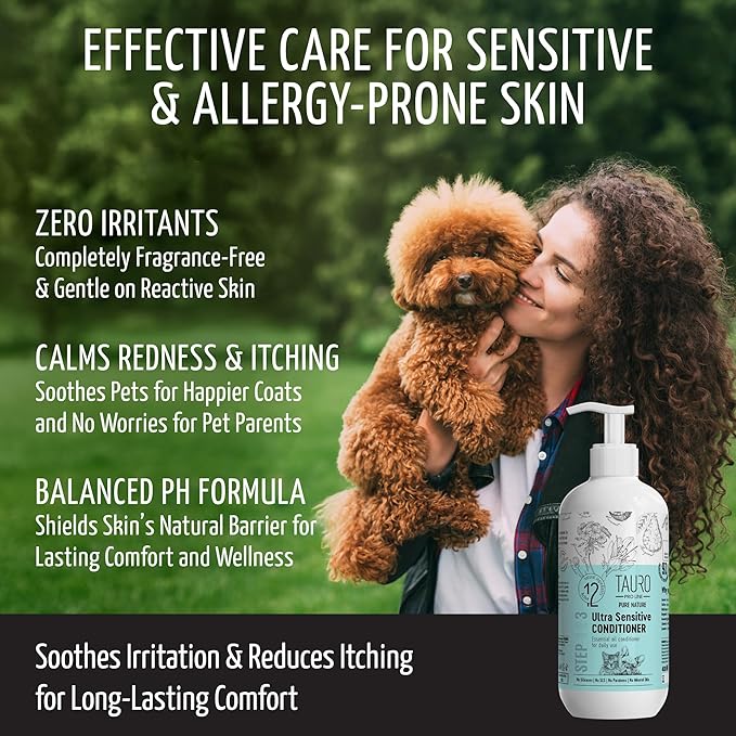 Tauro Pro Line Hypoallergenic Dog Conditioner Allergies & Itching Relief for Dry Skin, Gentle Dog Hair Conditioner Safe for Puppy & Cat (Ultra Sensitive -13.5 Fl Oz)