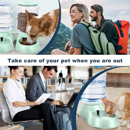 2 Pack Automatic Cat Feeder and Water Dispenser in Set Gravity Food Feeder and Waterer Pet Food Bowl for Small Medium Dog Pets Puppy Kitten Big Capacity 1 Gallon x 2 (2 Pack Green)