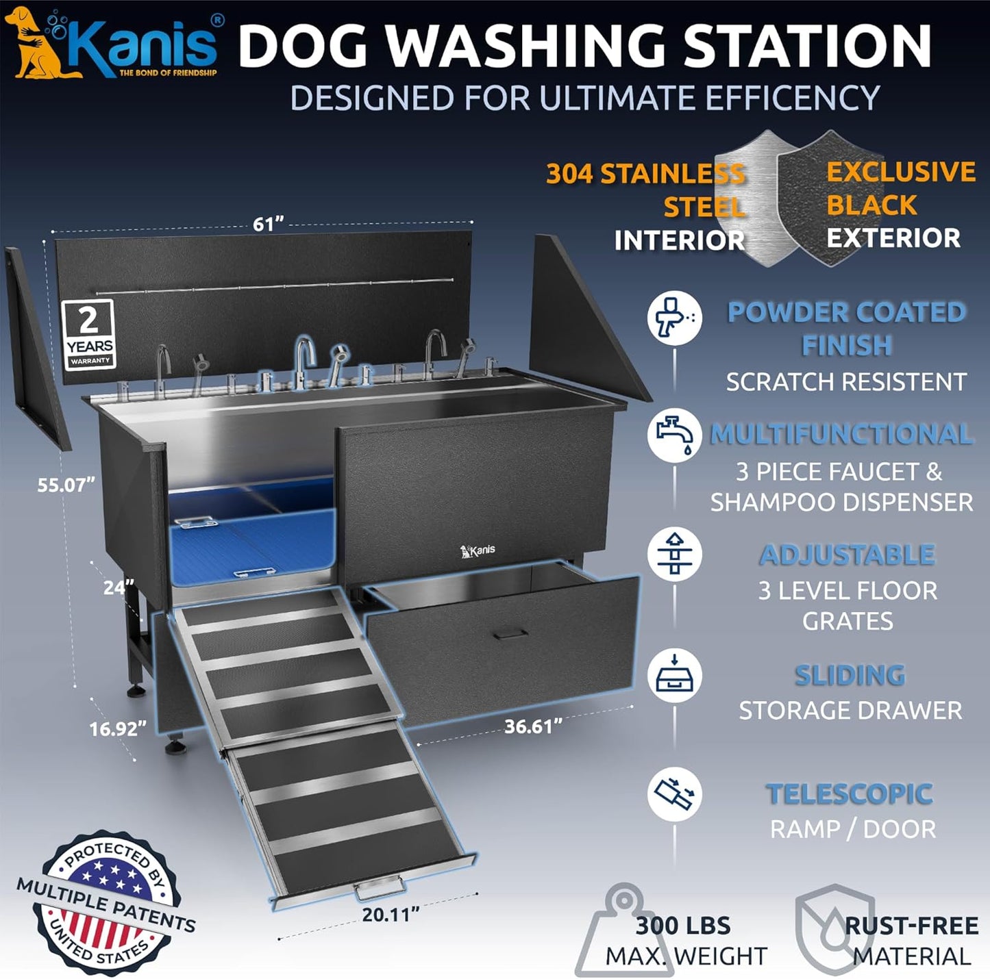 KANIS Black Line Professional Dog Washing Station - 304 Stainless Steel Pet Wash Sink & Grooming Bathtub w/Shower, Floor Grates and Storage for Large, Medium & Small Pets (61", 2 Drawers - Left Ramp)