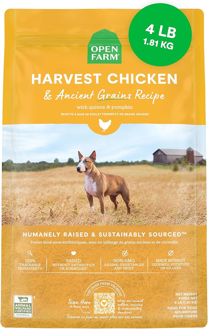 Open Farm, Ancient Grains Dry Dog Food, Protein-Rich & Nutrient Dense, 90% Animal Protein Mixed with Non-GMO Fruits, Veggies and Superfoods, Harvest Chicken Recipe, 4lb Bag