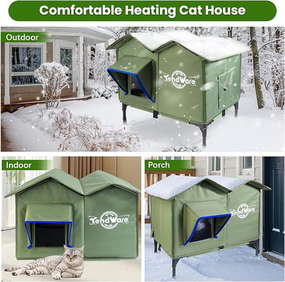 Heated Cat House for Outside Outdoor Cat House with Elevated Base Cat-Attracting Eave Design Feral Stray Shelter Weatherproof in Winter Garage Yard Porch Size L
