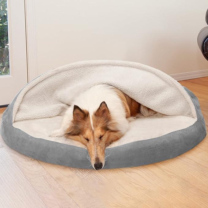 Furhaven 44" Round Orthopedic Dog Bed for Large Dogs w/ Removable Washable Cover, For Dogs Up to 80 lbs - Sherpa & Suede Snuggery - Gray, 44-inch