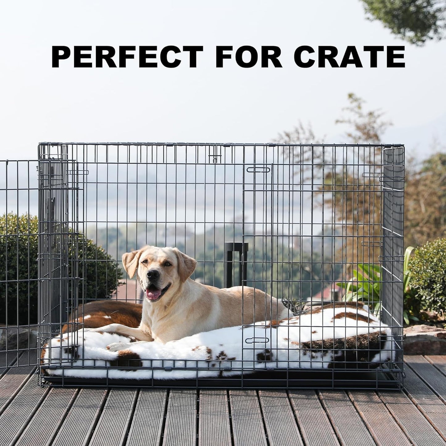 Bedfolks Waterproof Crate Bed, Plush Washable Cover, Faux Fur Pad for XXL Dogs, Fluffy Kennel Bed 47"x29", Cow Print