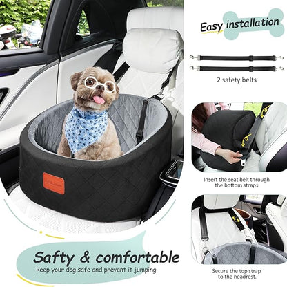 Dog Car Seat for Small Dogs Up to 30 Lbs,Ultra Soft Fabric Fill in Comfy Memory Foam,Happy Pet Ride,2 Safety Dog Leashes,Fully Detachable and Washable,Anti Slip Base(Black/Grey)
