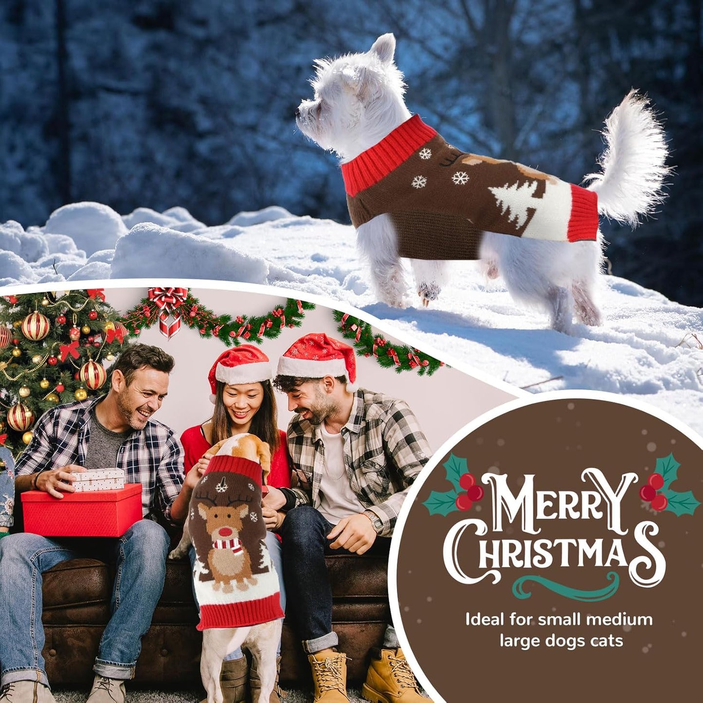 PETCARE Brown Reindeer Dog Sweater Christmas Vest Ugly Snow Xmas Puppy Costume Pet Holiday Warm Fall Winter Clothes for Small Medium Large Dogs Cats Pullover Sweaters Outfits