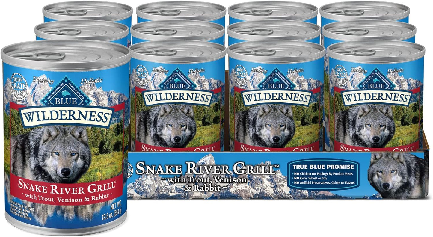 Blue Buffalo Wilderness Snake River Grill Natural High Protein Wet Food for Adult Dogs, Trout, Venison & Rabbit, 12.5-oz Cans, 12 Count