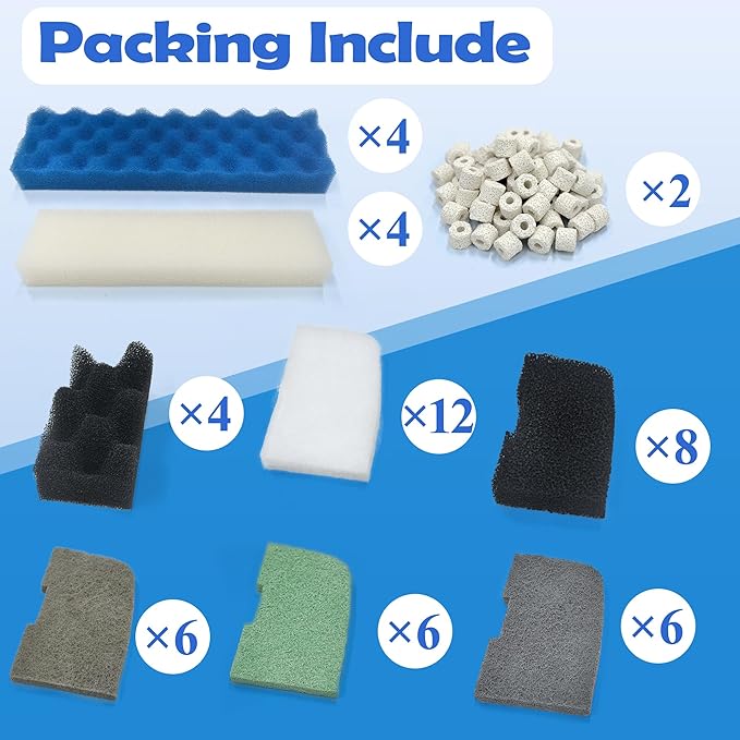 NewKe 52 Pack Filter Media Kit for Fluval 406/407 Canister Filters, Replacement Bio Foam, Nitrite/Phosphate/Ammonia Remover, Carbon, Ceramic Rings