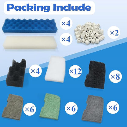 NewKe 52 Pack Filter Media Kit for Fluval 406/407 Canister Filters, Replacement Bio Foam, Nitrite/Phosphate/Ammonia Remover, Carbon, Ceramic Rings